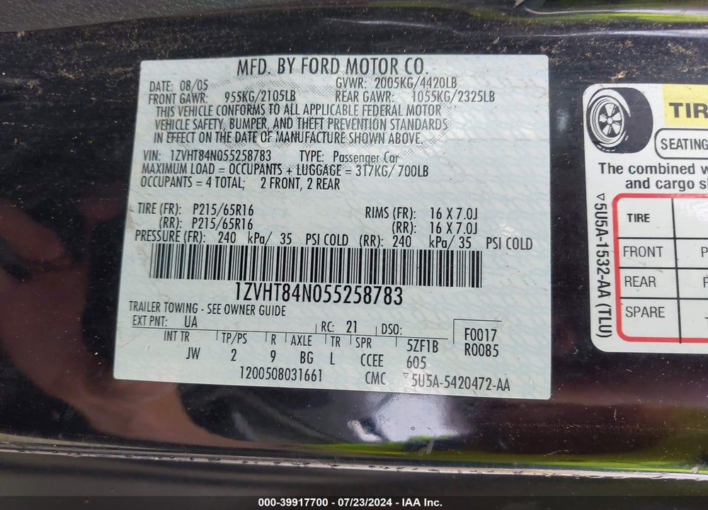 2005 FORD MUSTANG VIN: 1ZVHT84N055258783