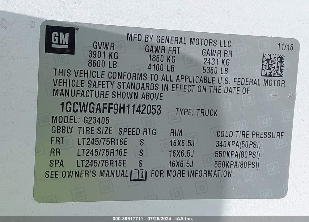 2017 CHEVROLET EXPRESS 2500 WORK VAN VIN: 1GCWGAFF9H1142053