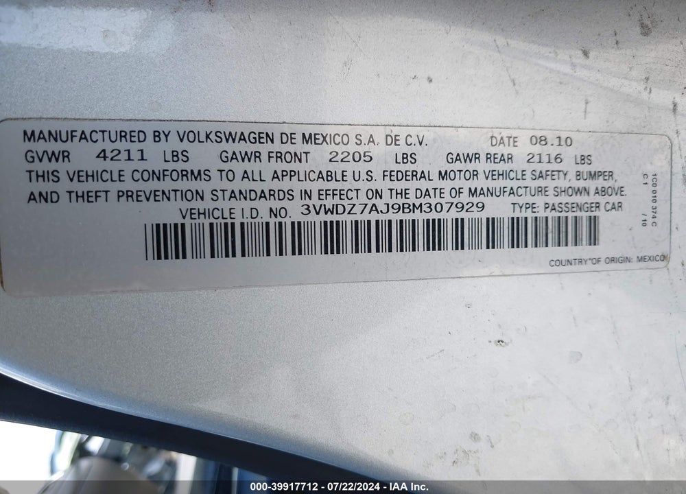 2011 VOLKSWAGEN JETTA 2.5L SE VIN: 3VWDZ7AJ9BM307929