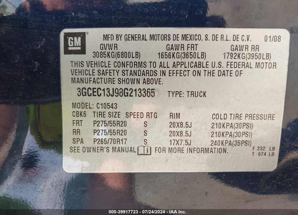 2008 CHEVROLET SILVERADO 1500 LT2 VIN: 3GCEC13J98G213365