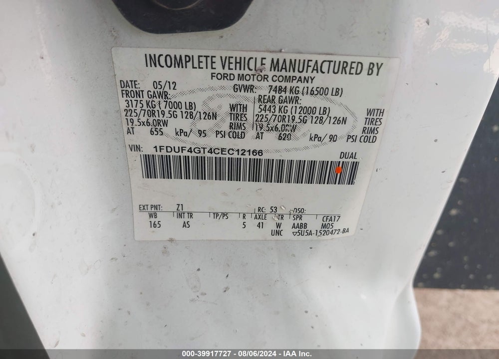 2012 FORD F-450 CHASSIS XL VIN: 1FDUF4GT4CEC12166