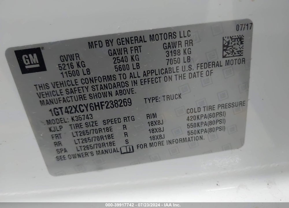 2017 GMC SIERRA 3500HD SLT VIN: 1GT42XCY6HF238269