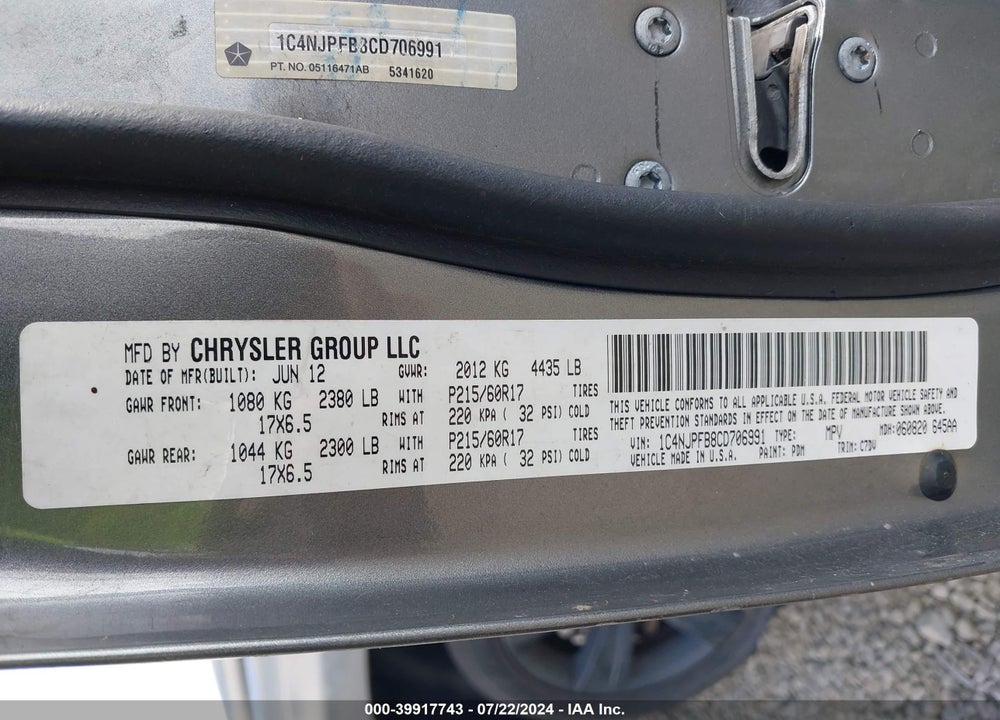 2012 JEEP PATRIOT LATITUDE VIN: 1C4NJPFB8CD706991