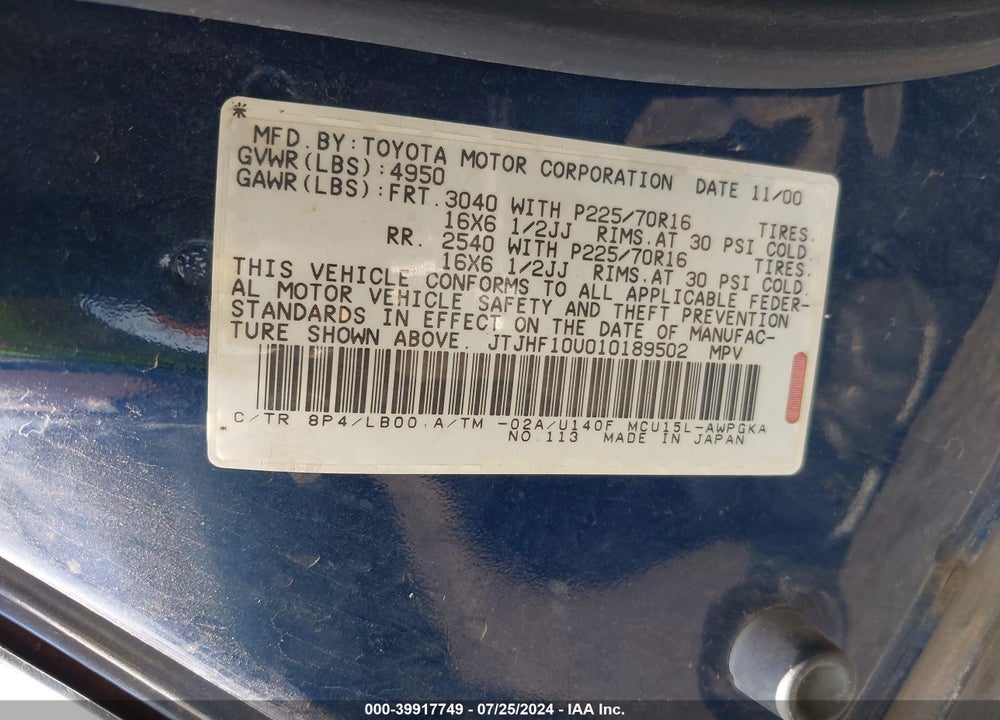 2001 LEXUS RX 300 VIN: JTJHF10U010189502