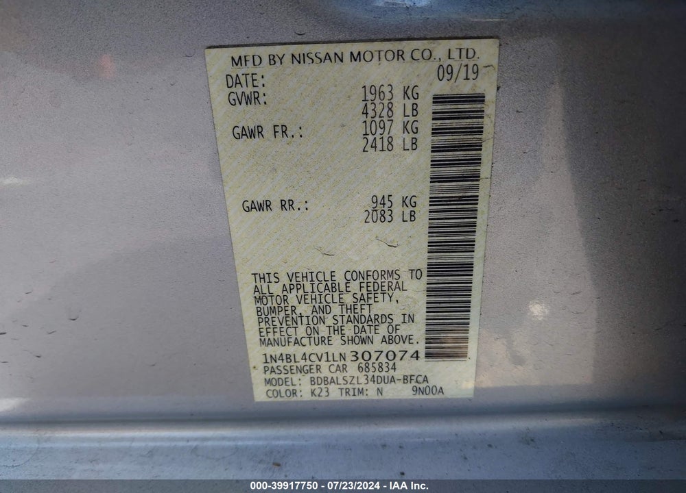 2020 NISSAN ALTIMA SR FWD VIN: 1N4BL4CV1LN307074