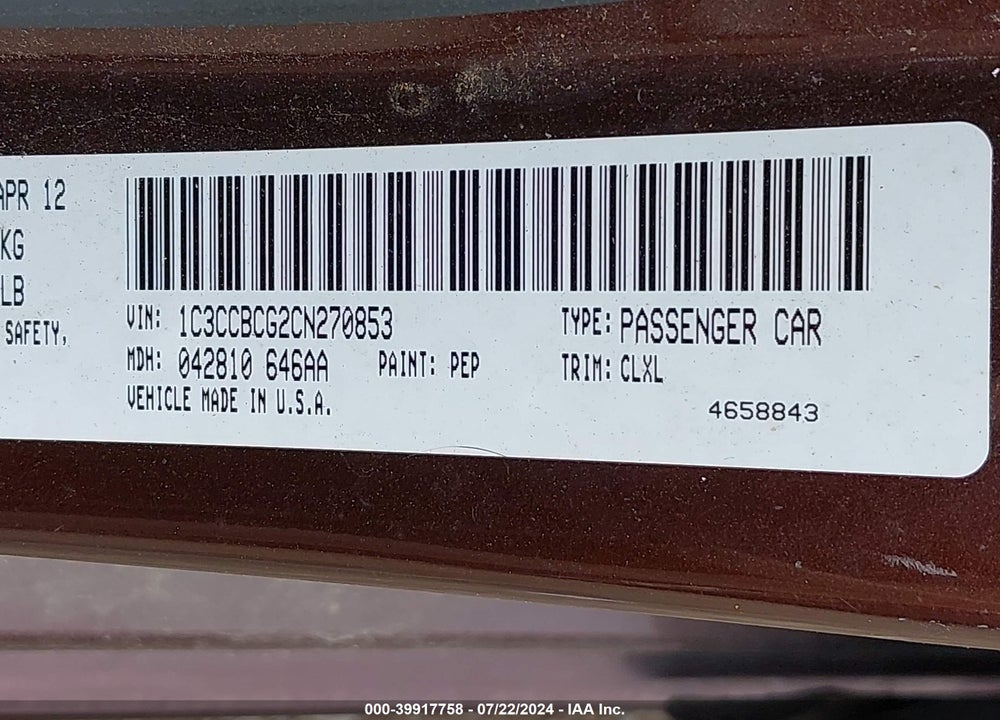 2012 CHRYSLER 200 LIMITED VIN: 1C3CCBCG2CN270853