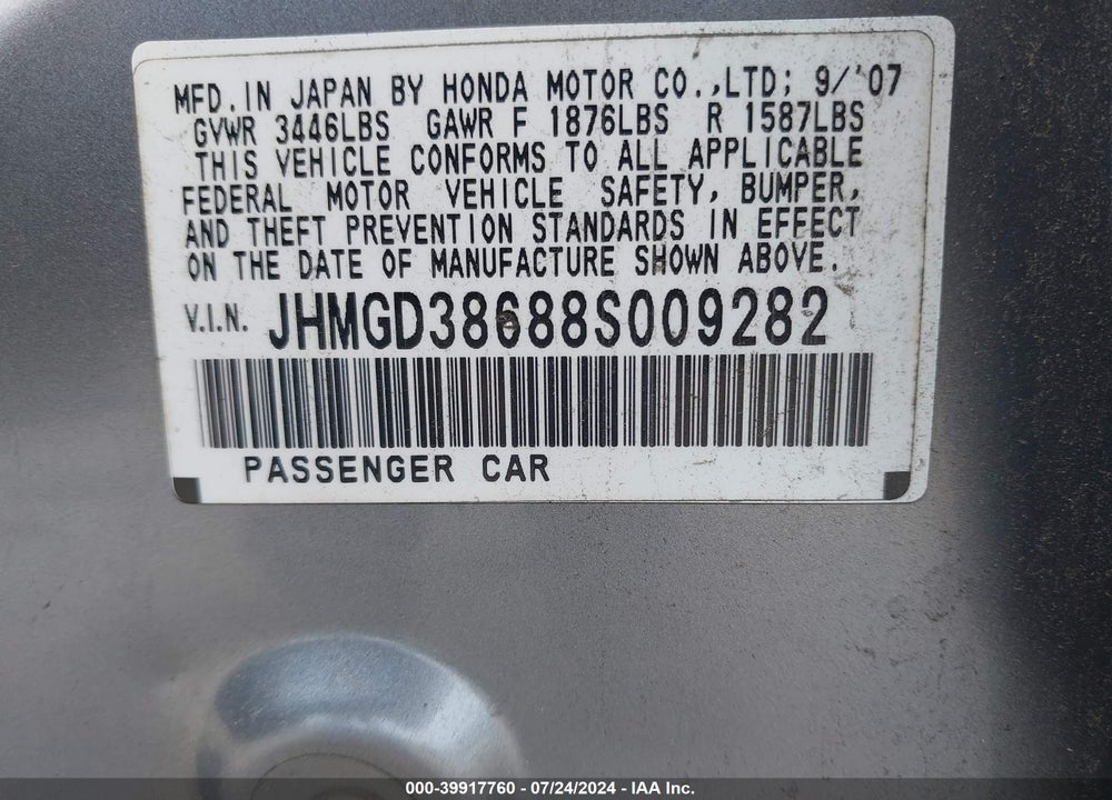 2008 HONDA FIT SPORT VIN: JHMGD38688S009282