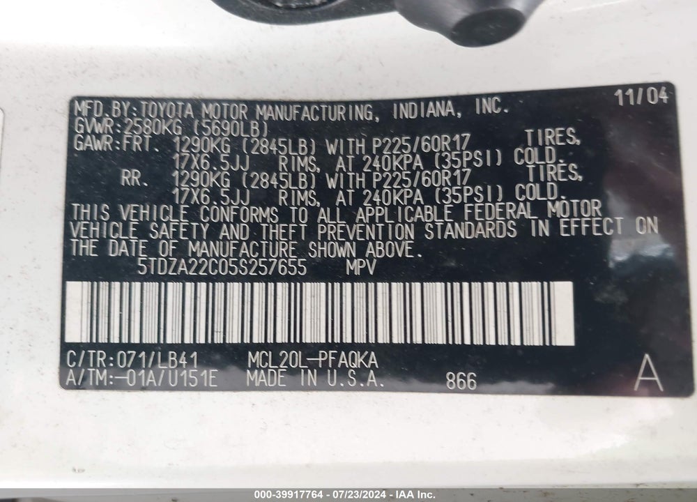 2005 TOYOTA SIENNA XLE LIMITED VIN: 5TDZA22C05S257655