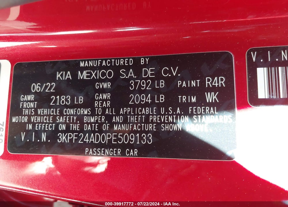 2023 KIA FORTE LXS VIN: 3KPF24AD0PE509133