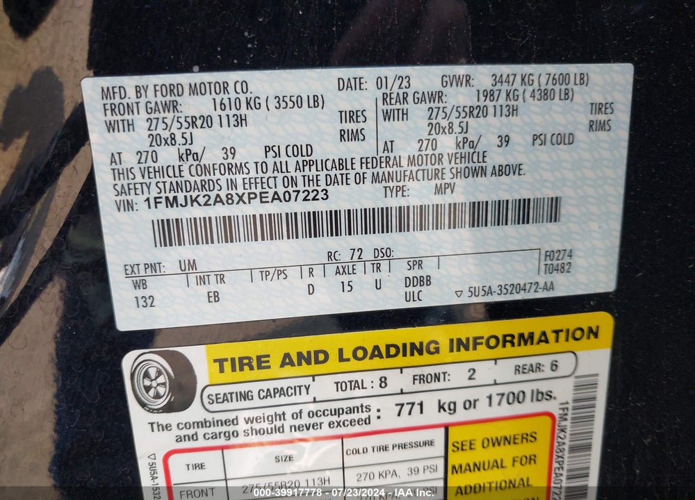 2023 FORD EXPEDITION LIMITED MAX VIN: 1FMJK2A8XPEA07223