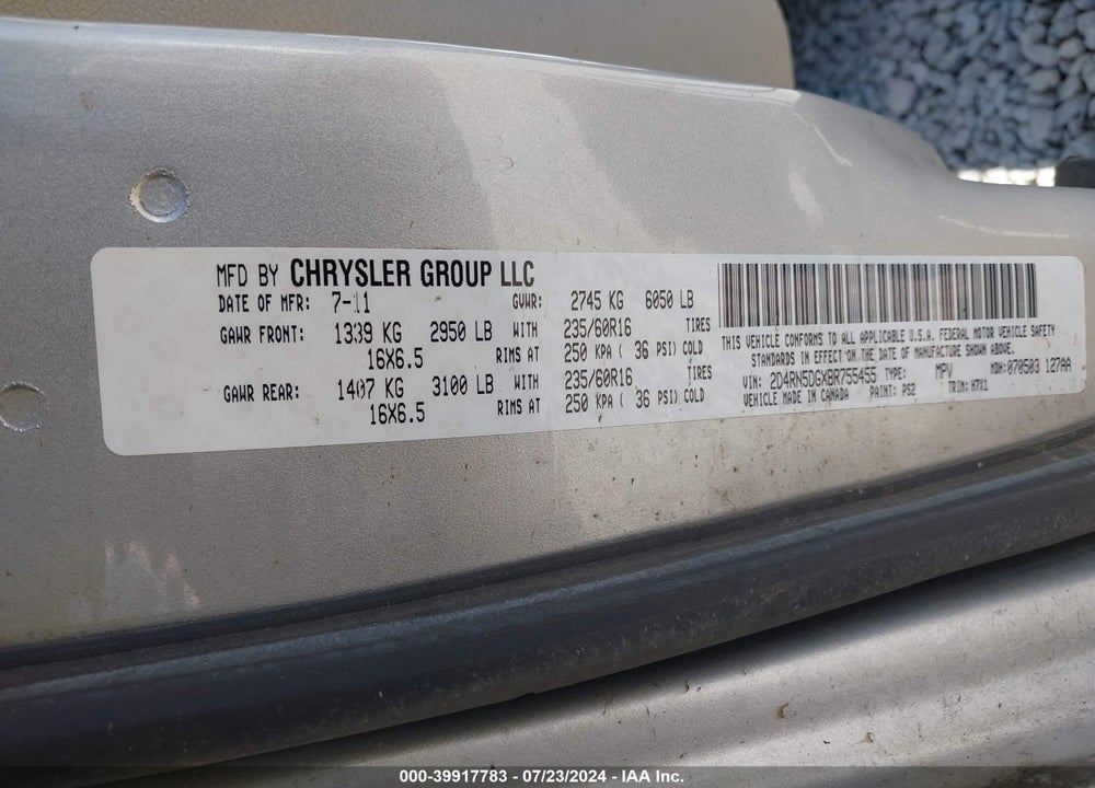 2011 DODGE GRAND CARAVAN CREW VIN: 2D4RN5DGXBR755455