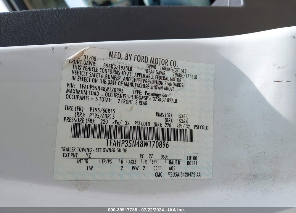 2008 FORD FOCUS VIN: 1FAHP35N48W170896
