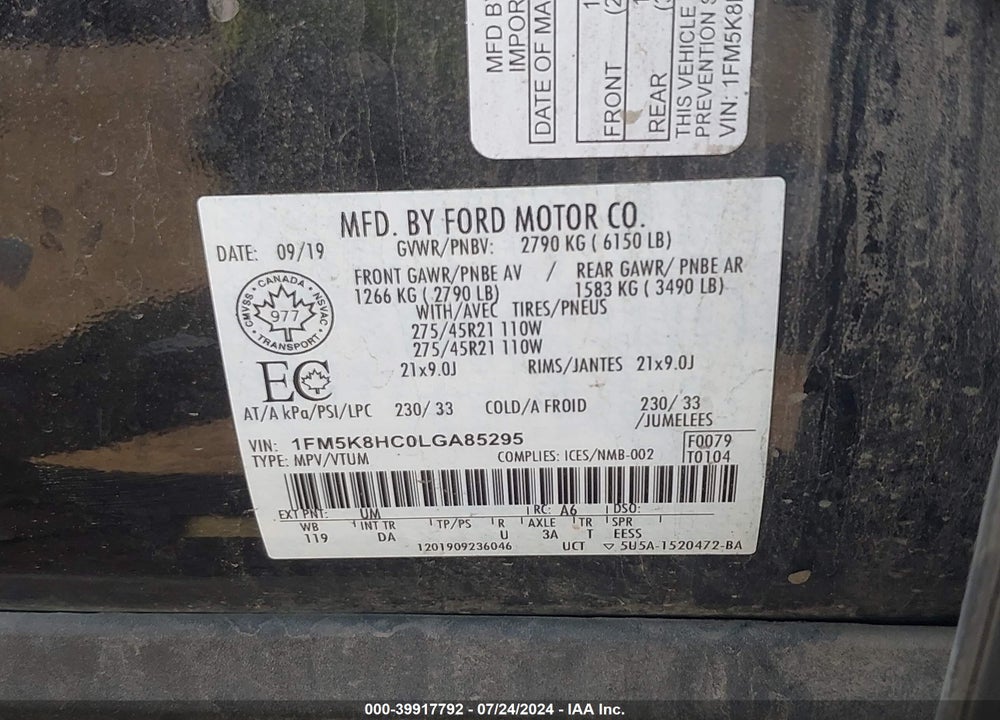 2020 FORD EXPLORER PLATINUM VIN: 1FM5K8HC0LGA85295