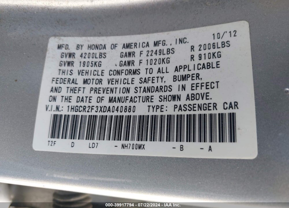 2013 HONDA ACCORD LX VIN: 1HGCR2F3XDA040880