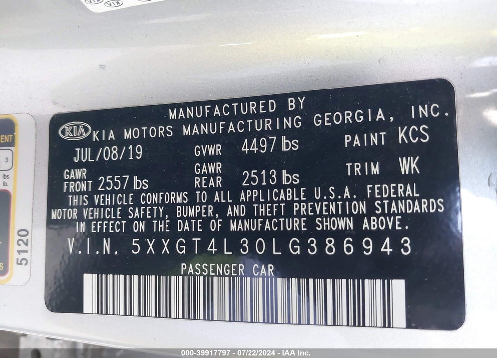 2020 KIA OPTIMA LX VIN: 5XXGT4L30LG386943