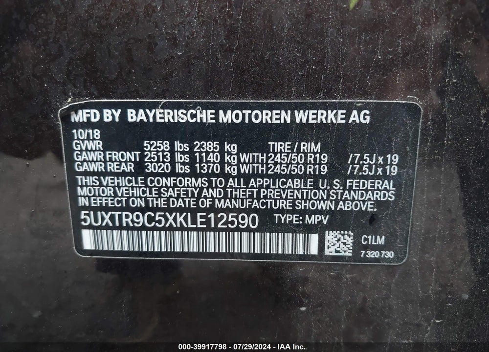 2019 BMW X3 XDRIVE30I VIN: 5UXTR9C5XKLE12590