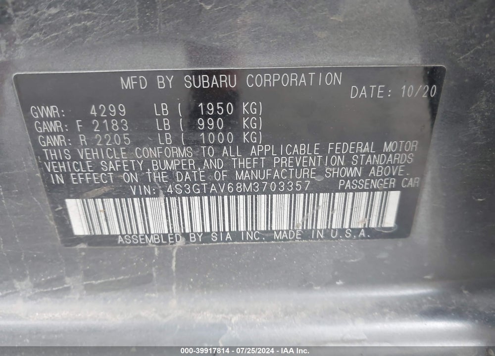2021 SUBARU IMPREZA PREMIUM 5-DOOR VIN: 4S3GTAV68M3703357