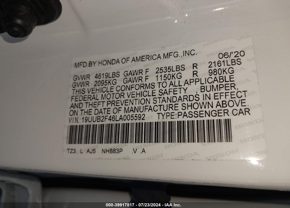 2020 ACURA TLX TECH PACKAGE VIN: 19UUB2F46LA005592