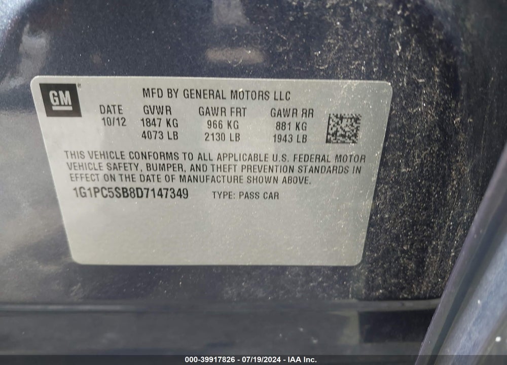 2013 CHEVROLET CRUZE 1LT AUTO VIN: 1G1PC5SB8D7147349