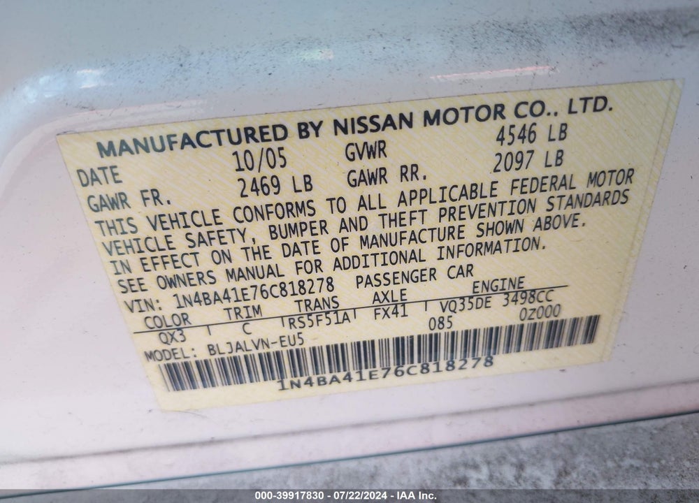 2006 NISSAN MAXIMA 3.5 SE VIN: 1N4BA41E76C818278