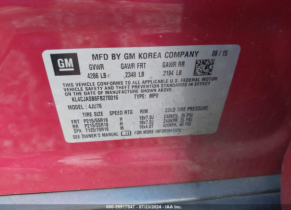 2015 BUICK ENCORE VIN: KL4CJASB6FB270016