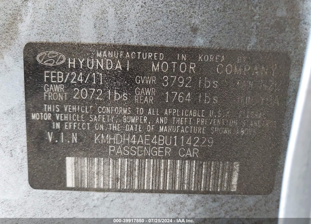 2011 HYUNDAI ELANTRA LIMITED (ULSAN PLANT) VIN: KMHDH4AE4BU114229