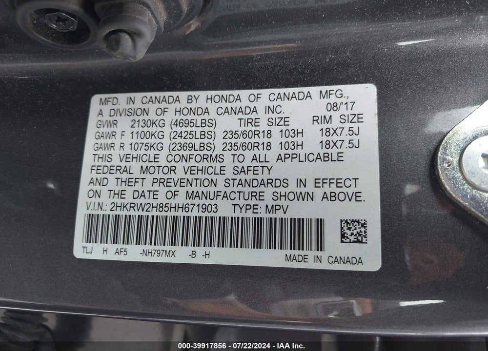 2017 HONDA CR-V EX-L/EX-L NAVI VIN: 2HKRW2H85HH671903