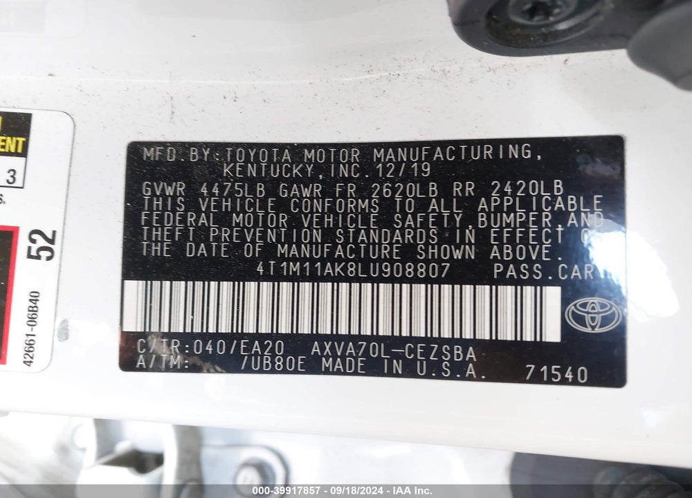 2020 TOYOTA CAMRY SE VIN: 4T1M11AK8LU908807