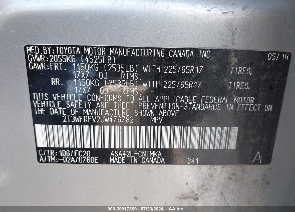 2018 TOYOTA RAV4 XLE VIN: 2T3WFREV2JW476782