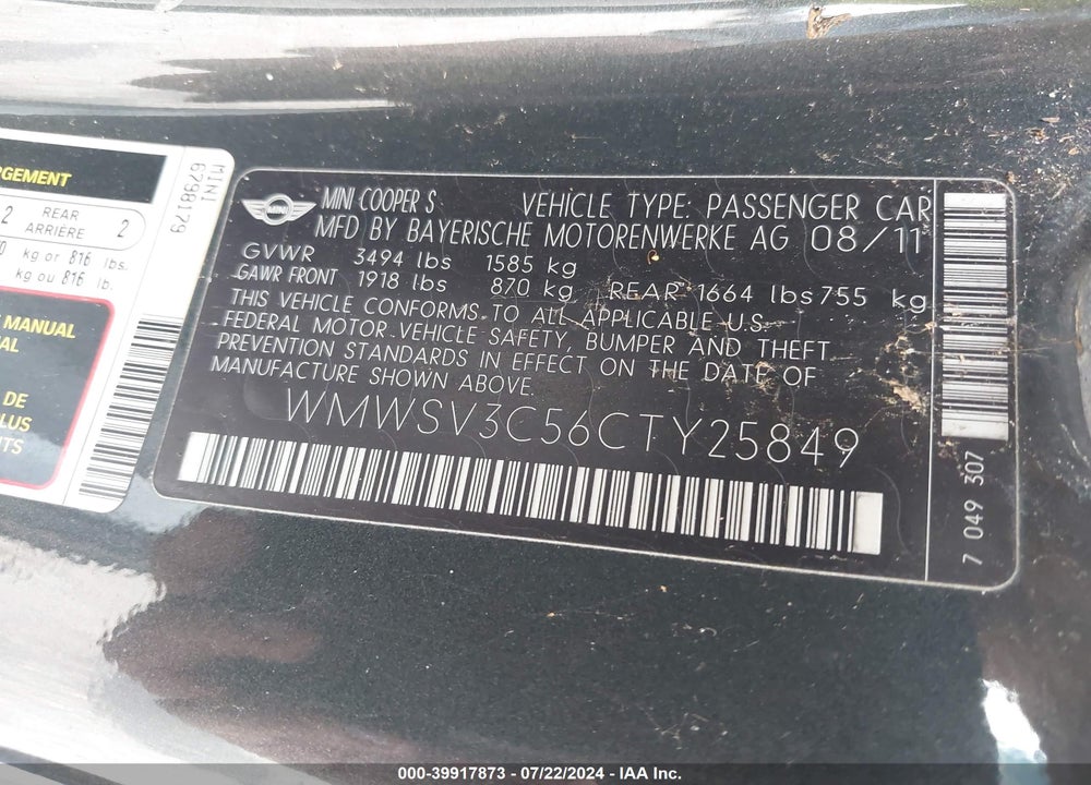 2012 MINI COOPER S VIN: WMWSV3C56CTY25849