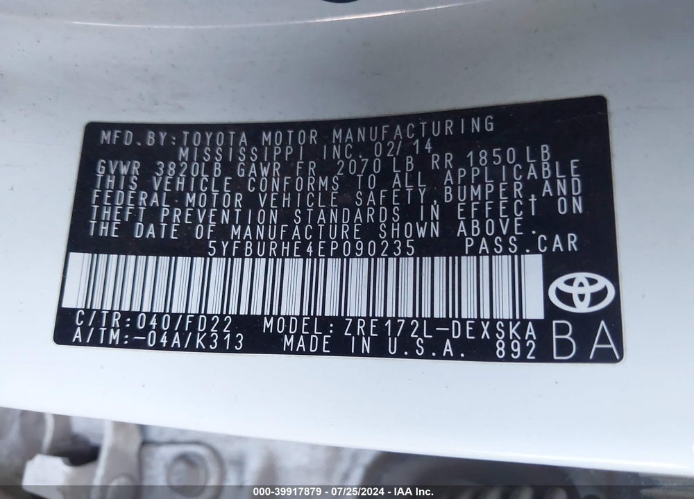2014 TOYOTA COROLLA S PLUS VIN: 5YFBURHE4EP090235