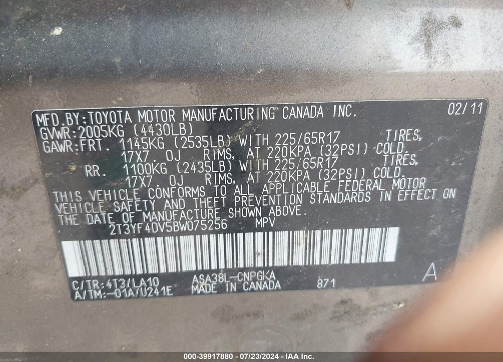 2011 TOYOTA RAV4 LIMITED VIN: 2T3YF4DV5BW075256