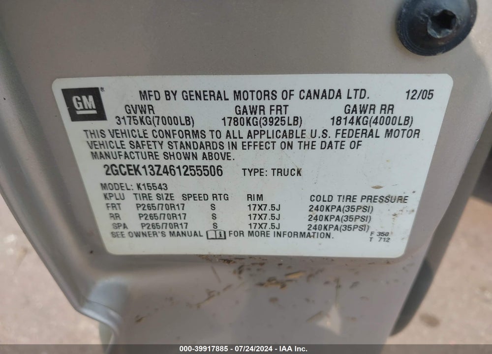 2006 CHEVROLET SILVERADO 1500 LT1 VIN: 2GCEK13Z461255506