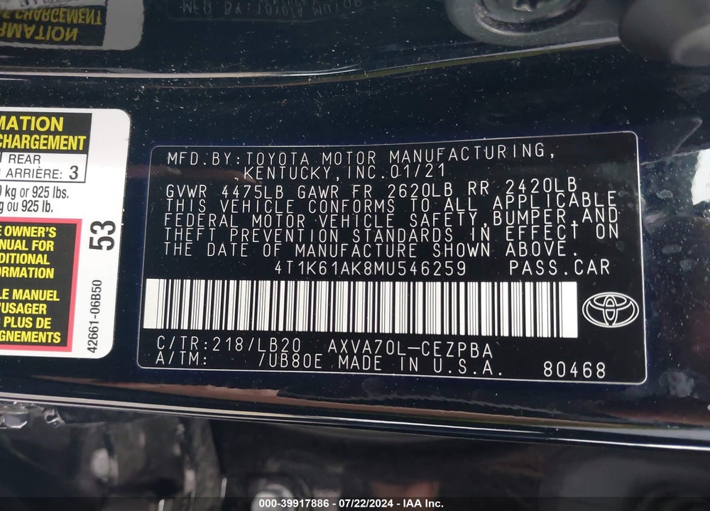 2021 TOYOTA CAMRY VIN: 4T1K61AK8MU546259