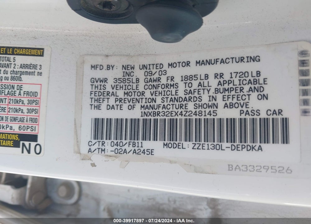 2004 TOYOTA COROLLA CE VIN: 1NXBR32EX4Z248145