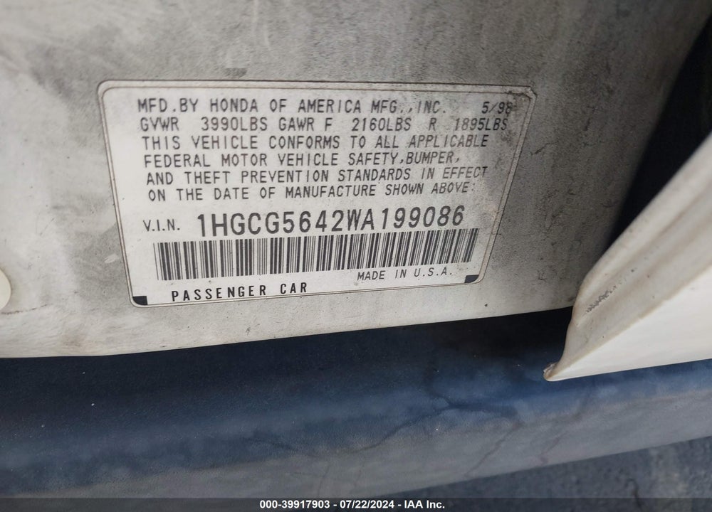 1998 HONDA ACCORD LX VIN: 1HGCG5642WA199086