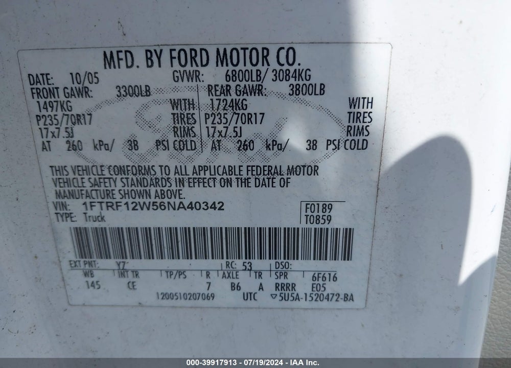 2006 FORD F-150 STX/XL/XLT VIN: 1FTRF12W56NA40342