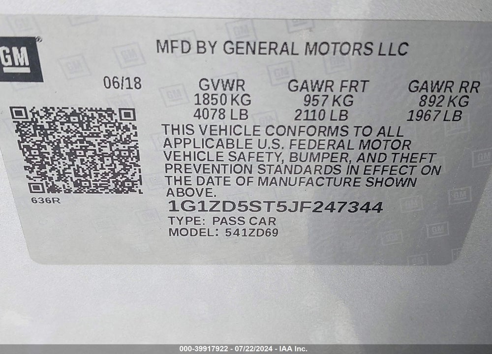 2018 CHEVROLET MALIBU LT VIN: 1G1ZD5ST5JF247344