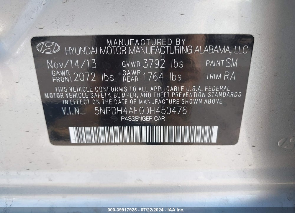 2013 HYUNDAI ELANTRA GLS VIN: 5NPDH4AE0DH450476