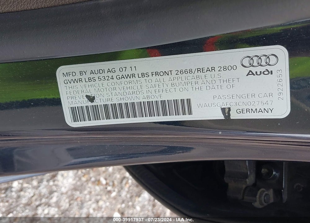 2012 AUDI A7 PREMIUM VIN: WAUSGAFC3CN027547