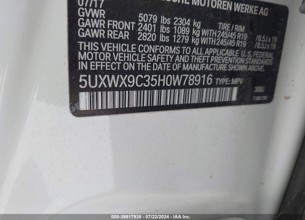 2017 BMW X3 XDRIVE28I VIN: 5UXWX9C35H0W78916