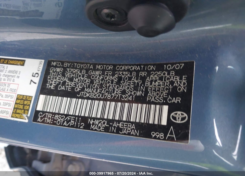 2008 TOYOTA PRIUS VIN: JTDKB20U787713241