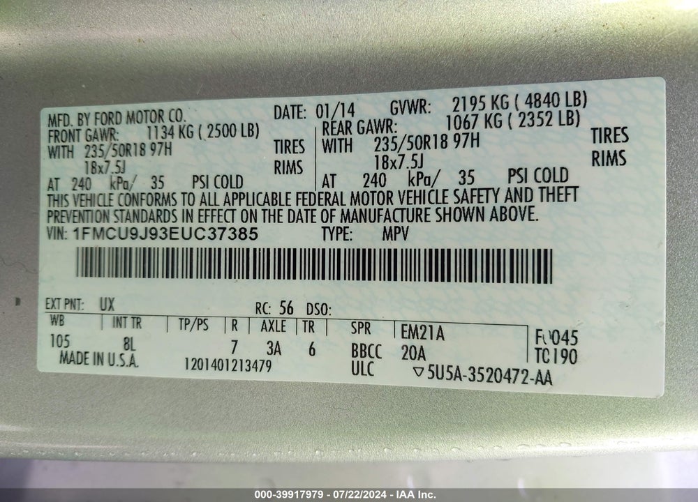 2014 FORD ESCAPE TITANIUM VIN: 1FMCU9J93EUC37385