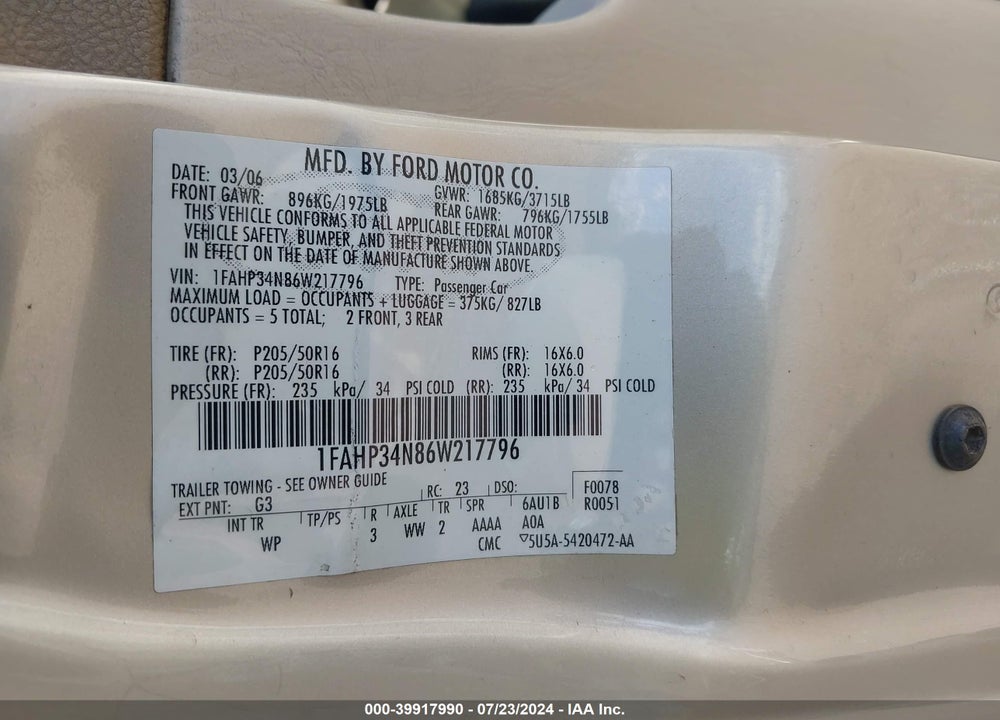 2006 FORD FOCUS ZX4 VIN: 1FAHP34N86W217796