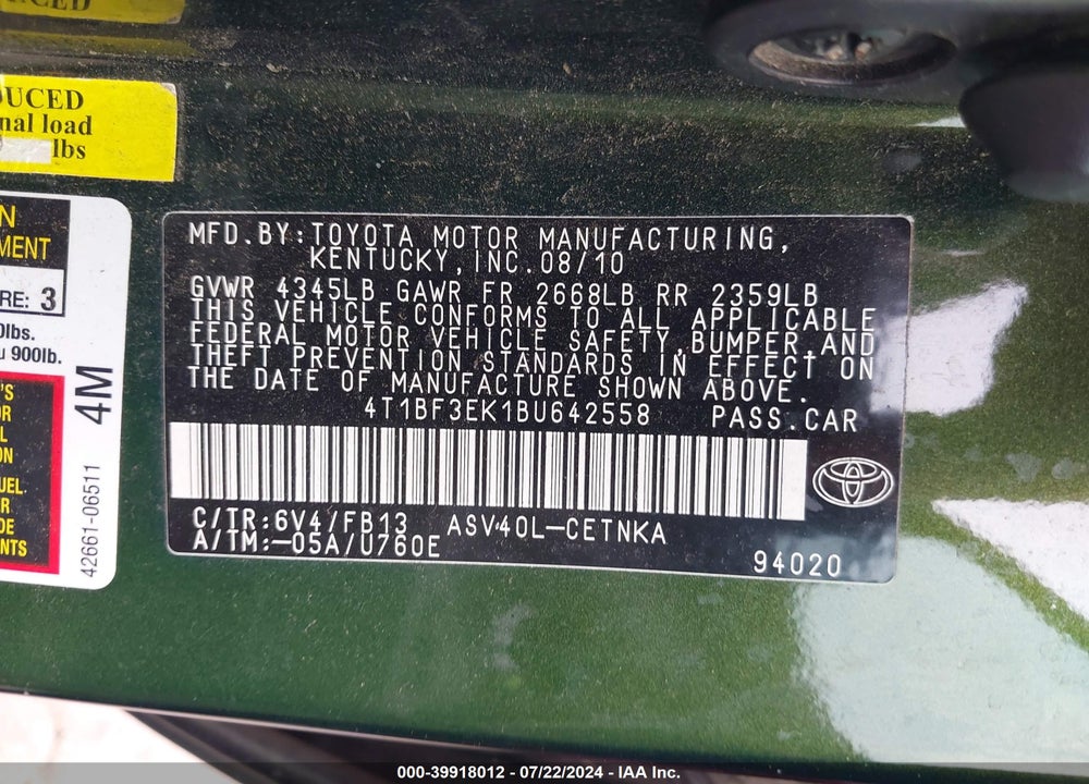 2011 TOYOTA CAMRY LE VIN: 4T1BF3EK1BU642558