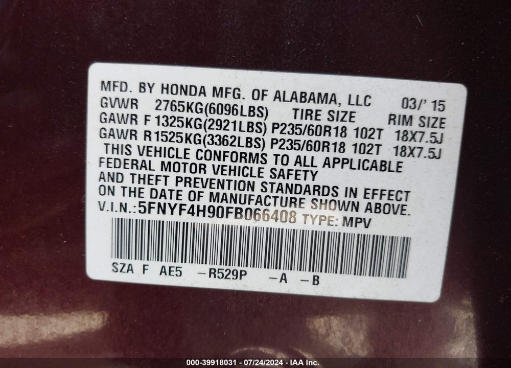 2015 HONDA PILOT TOURING VIN: 5FNYF4H90FB066408