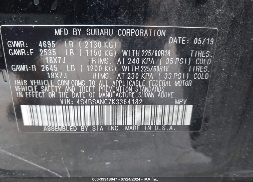 2019 SUBARU OUTBACK 2.5I LIMITED VIN: 4S4BSANC7K3364182