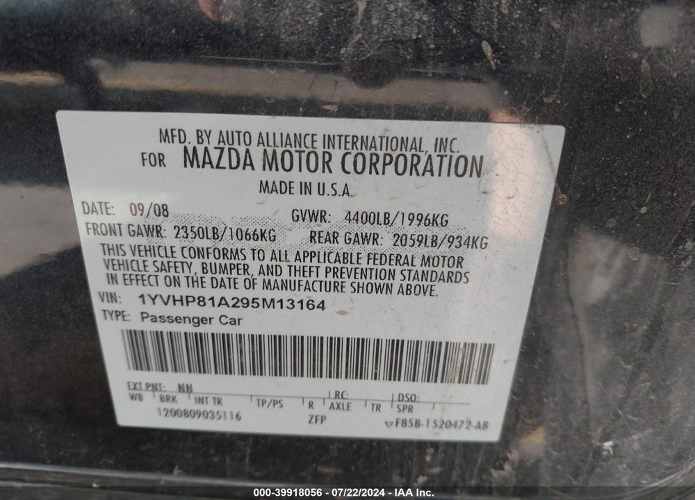 2009 MAZDA 6 I SPORT VIN: 1YVHP81A295M13164