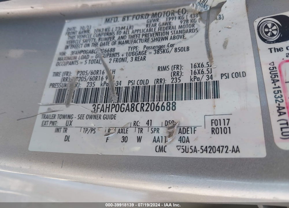 2012 FORD FUSION S VIN: 3FAHP0GA8CR206688