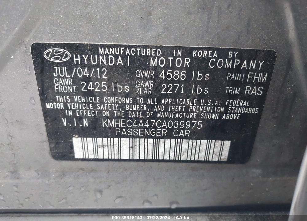 2012 HYUNDAI SONATA HYBRID VIN: KMHEC4A47CA039975